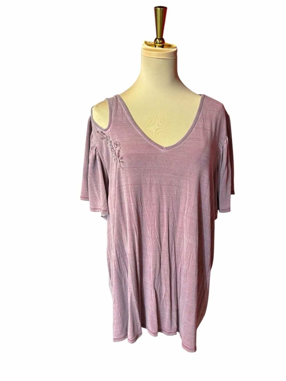 Cupio Dusty Mauve Cold Shoulder V-Neck Embroidered Boho Top XL